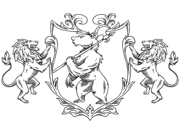 Escudo heráldico con oso con alabarda y leones, line art — Archivo Imágenes Vectoriales