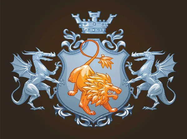 Escudo heráldico con león y dragones, imagen en color — Vector de stock