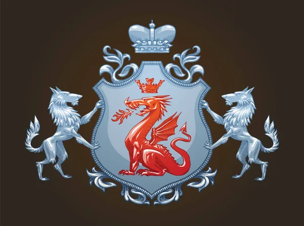 Escudo heráldico con dragón y lobos, imagen en color — Vector de stock