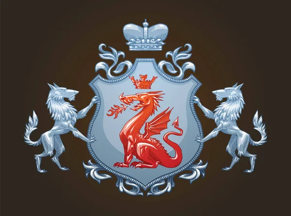 Heraldische schild met dragon en wolven, kleurenafbeelding — Stockvector