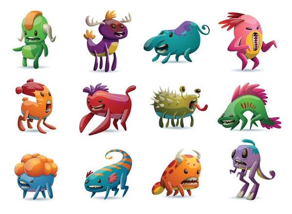 Set of twelve cute different colorful monsters — Stock Vector