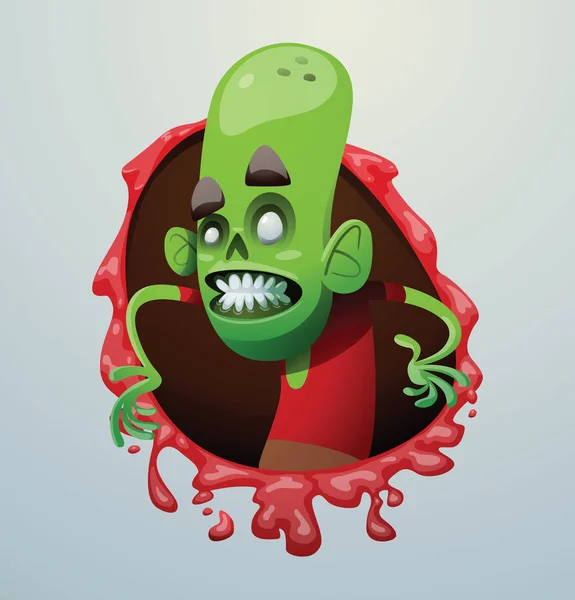 Cadre rouge sanglant, zombie vert drôle debout — Image vectorielle