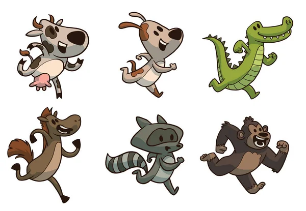 Σετ από έξι χαριτωμένα ζώα τρέχοντας, έγχρωμη εικόνα — Διανυσματικό Αρχείο