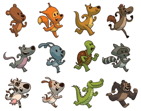 Set of twelve cute running animals, color image — Stock Vector