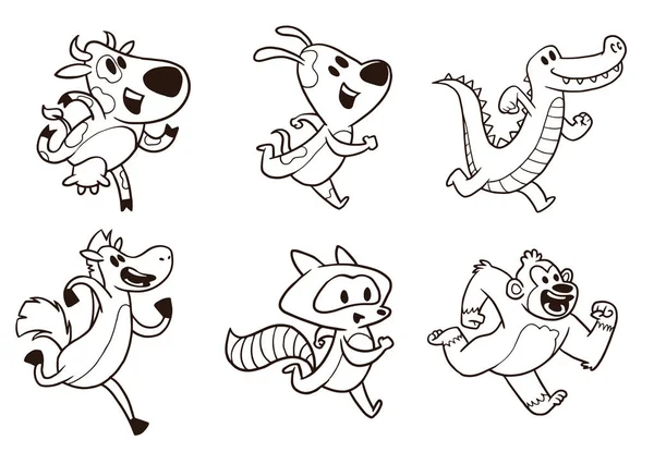 Set de seis lindos animales corriendo, line art — Vector de stock