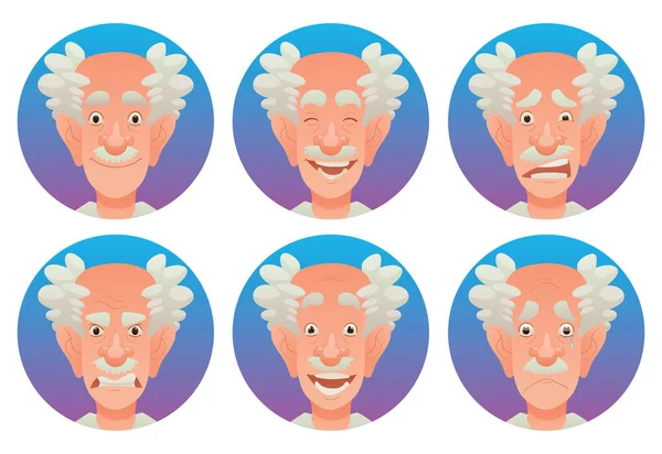 Conjunto de marcos redondos con las emociones faciales de los ancianos — Archivo Imágenes Vectoriales
