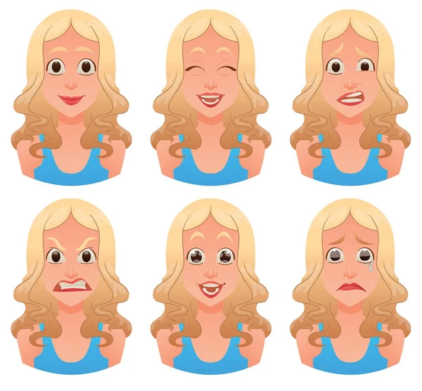 Ensemble d'émotions faciales de jeunes femmes blondes — Image vectorielle