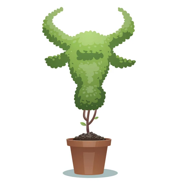 緑の盆栽の木、牛の頭 — ストックベクタ