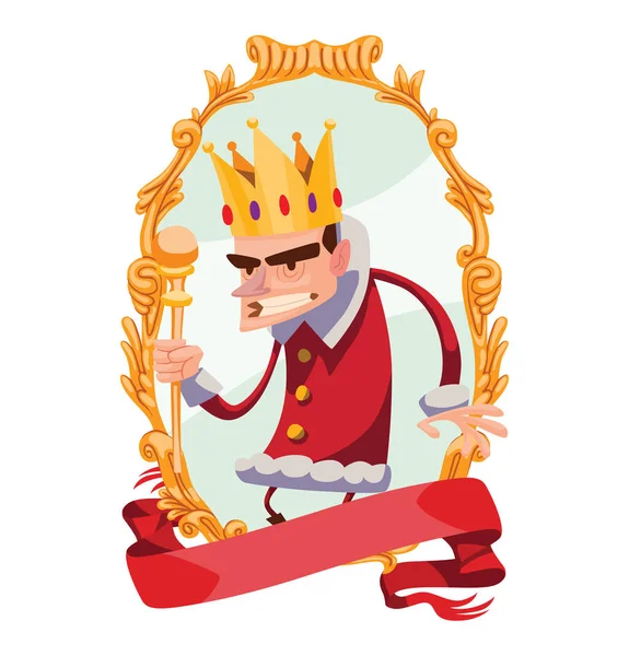 Gold emblem, funny evil little king with brown hair — Stock Vector