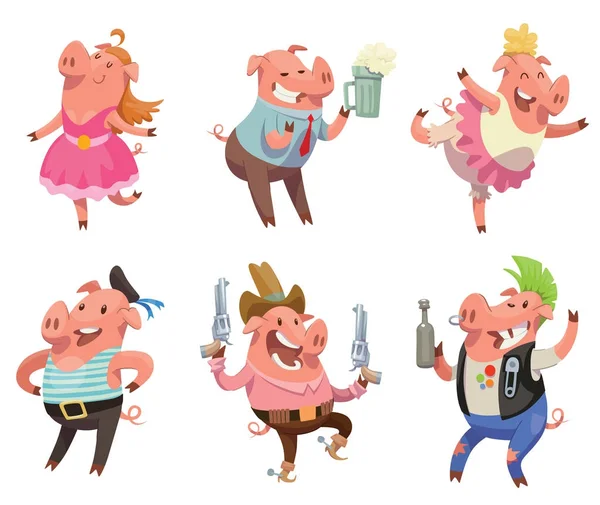 Set of six funny pink pigs — Stock Vector