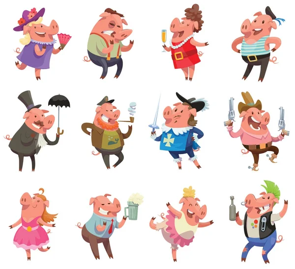 Set de 12 porci roz amuzant — Vector de stoc