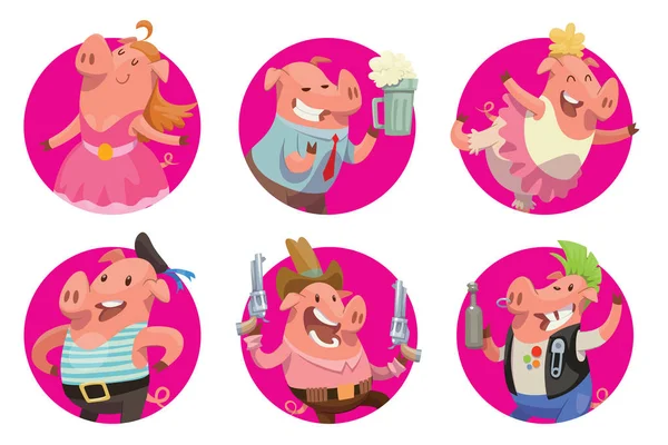 Set de seis marcos redondos con divertidos cerdos rosados — Archivo Imágenes Vectoriales
