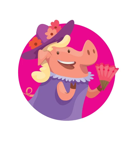 Marco redondo, divertido cerdo hembra rosa con pelo rubio — Vector de stock