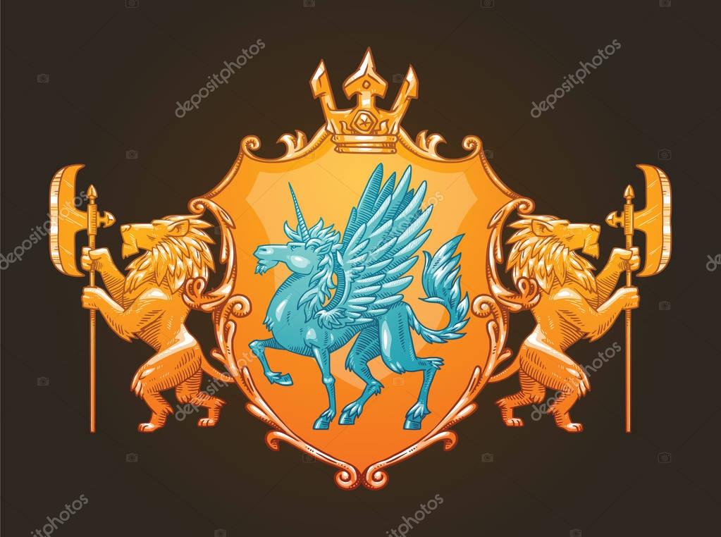 Vector image of a gold heraldic shield with a crown, with a silver unicorn in the center and with gold lions on the edges on a dark background. Coat of arms, heraldry, emblem, symbol. Color image.