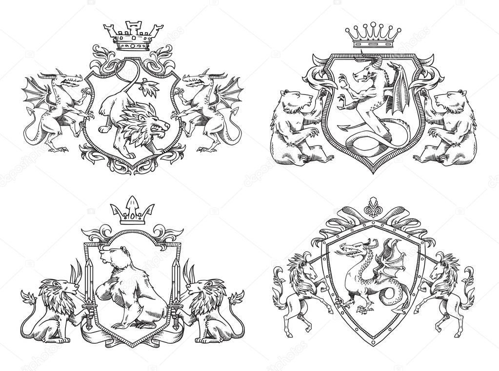 Set of heraldic shields with different animals, line art
