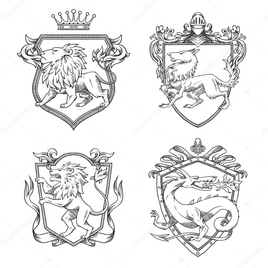 Set of heraldic shields with lions, wolf, dragon, line art