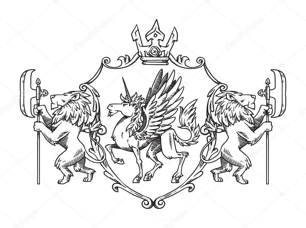 Heraldic shield with unicorn and lions, line art