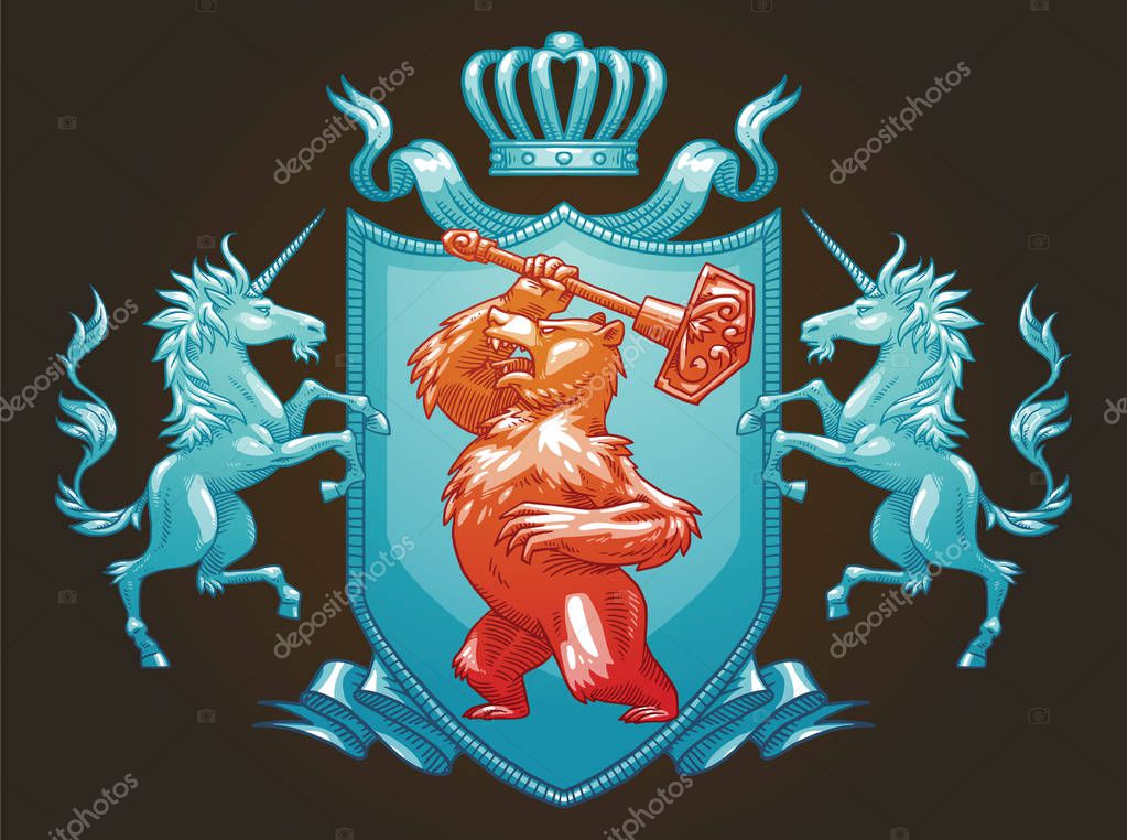 Vector image of a silver heraldic shield with a crown, with a bronze bear in the center and with silver unicorns on the edges on a dark background. Coat of arms, heraldry, emblem, symbol. Color image