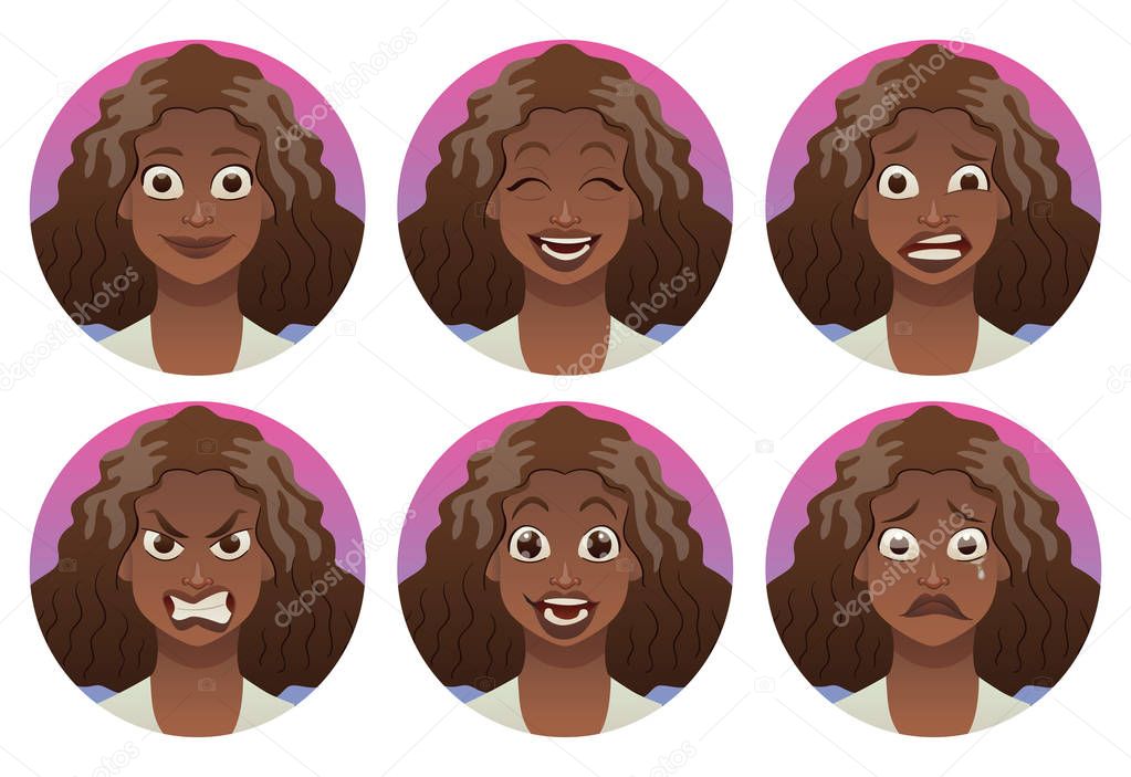Set of round frames with black women's facial emotions