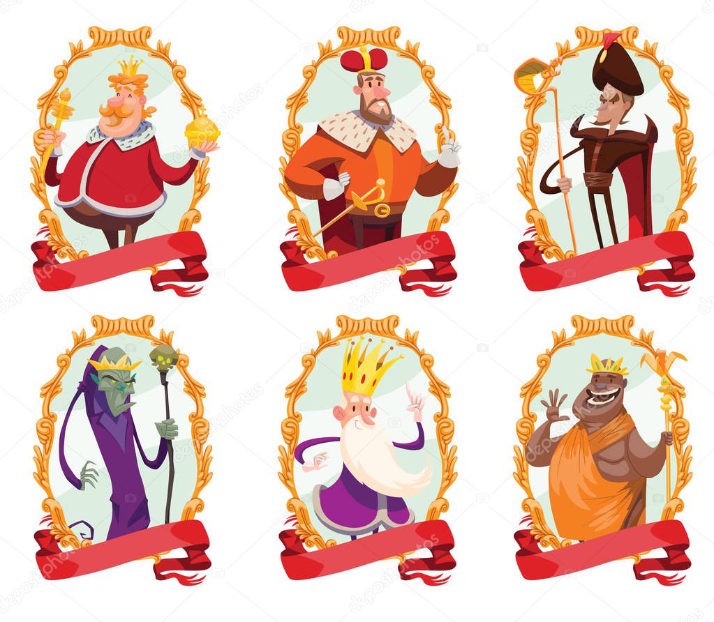 Set of gold emblems with funny kings