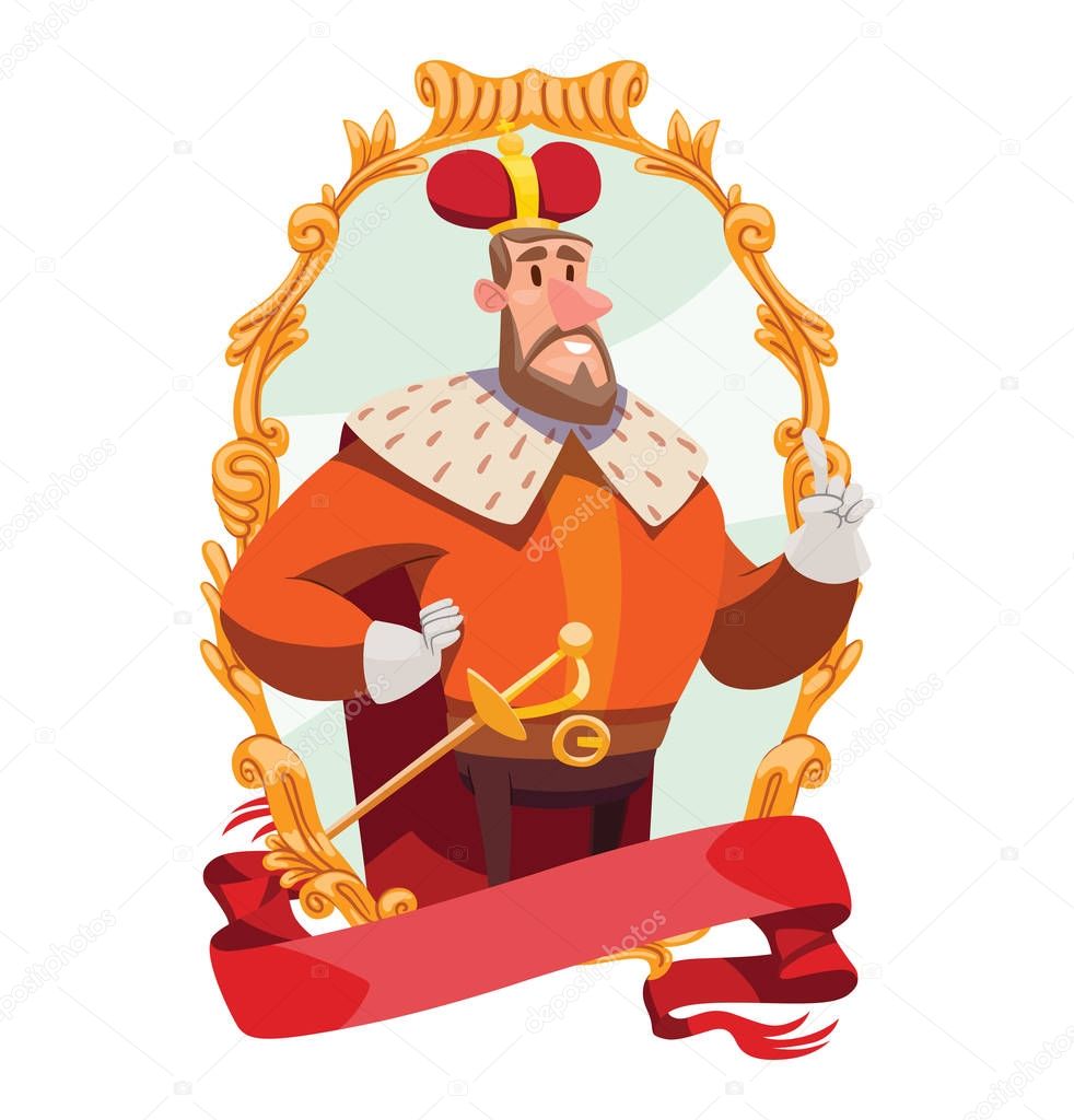 Gold emblem, funny big king with brown hair and beard