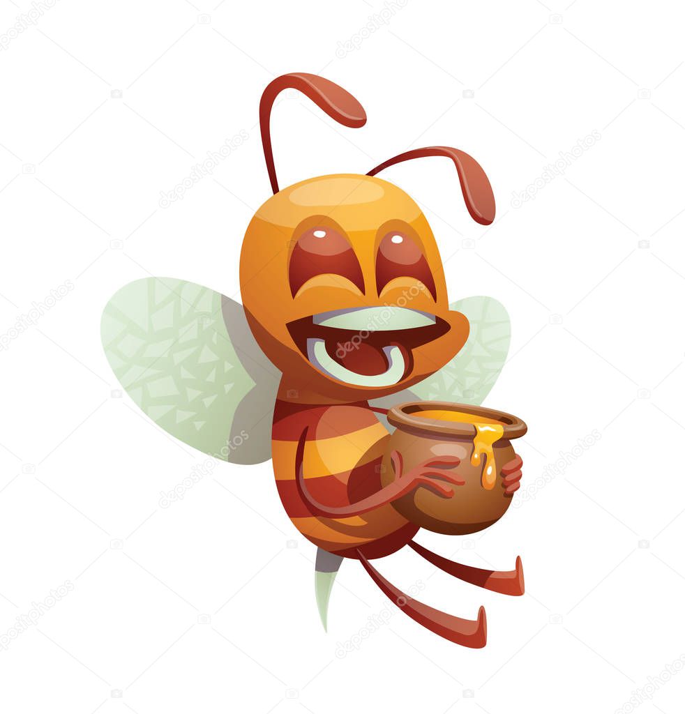 Funny male bee with a pot of honey