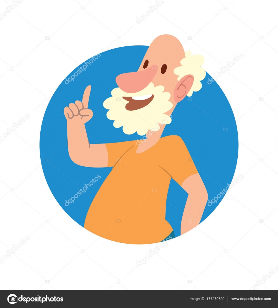 Round Frame Funny Balding Old Man With Curly Gray Hair Stock