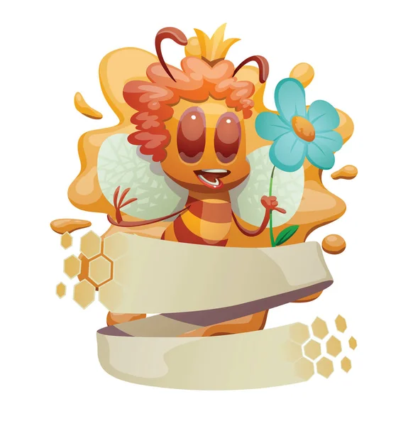 Emblema miele, divertente ape femmina con un fiore — Vettoriale Stock