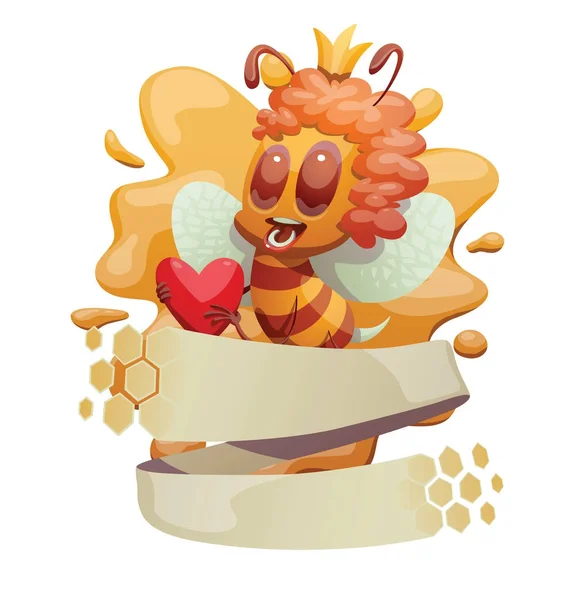 Медова емблема, смішна бджола з червоним серцем — стоковий вектор