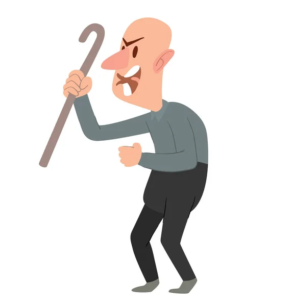 Lustig wütend glatzköpfiger alter Mann mit einem Stock — Stockvektor