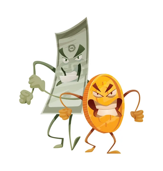 面白いゴールデン コインと怒っている立っている緑の紙幣 — ストックベクタ