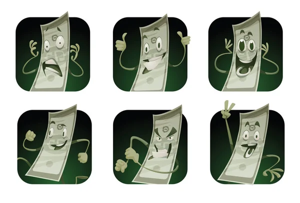 Набір з шести квадратних кадрів з кумедними зеленими банкнотами — стоковий вектор