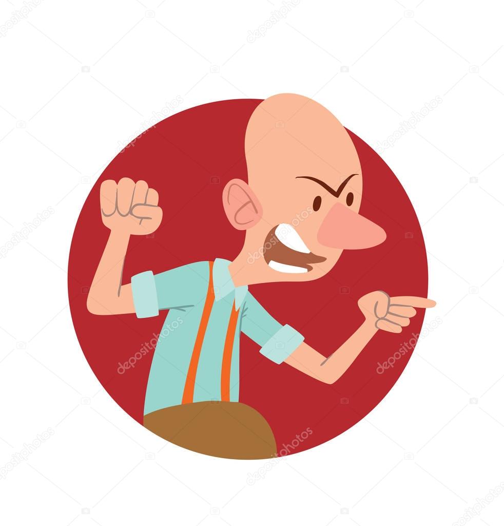Round frame, funny angry bald old man