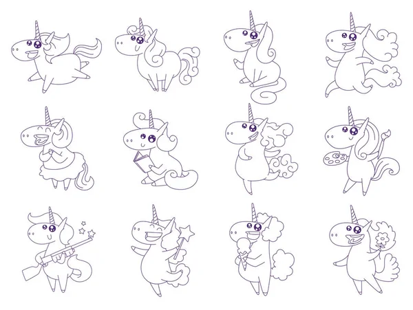 Set van twaalf schattig gelukkig eenhoorns, zeer fijne tekeningen — Stockvector