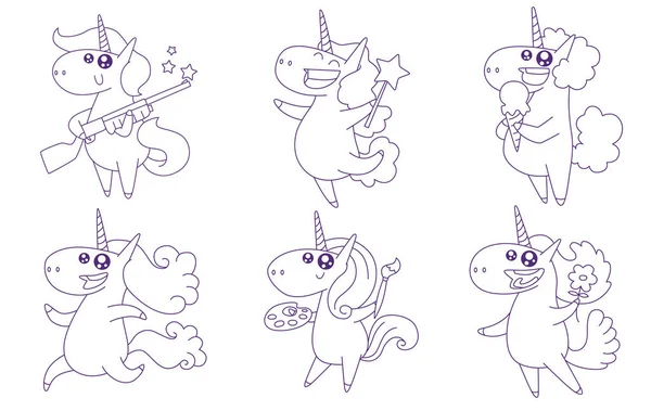 Set di sei simpatici unicorni felici, line art — Vettoriale Stock