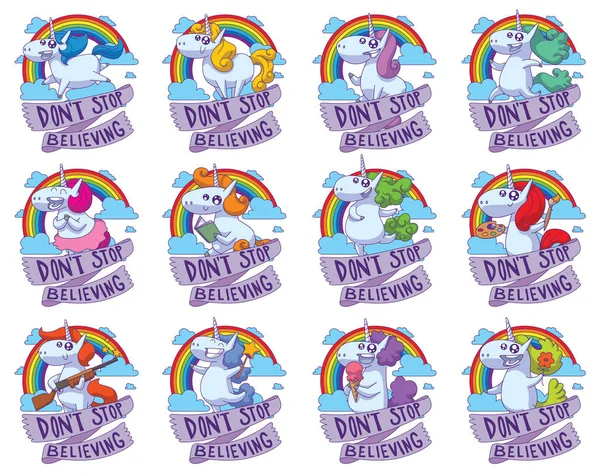 Conjunto de doce emblemas con lindos unicornios felices — Archivo Imágenes Vectoriales