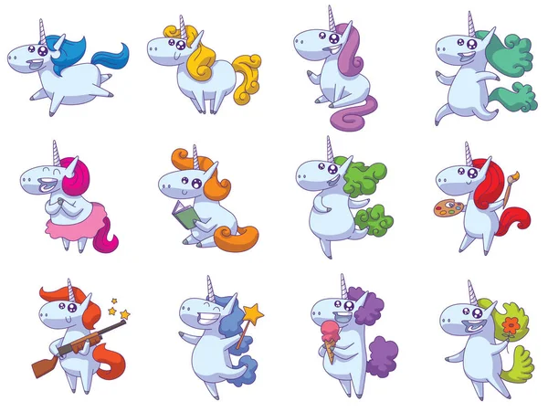 Set di dodici simpatici unicorni felici — Vettoriale Stock