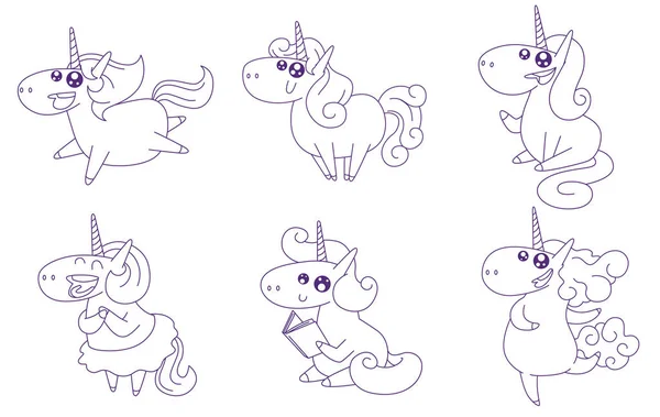 Set di simpatici unicorni felici, line art — Vettoriale Stock