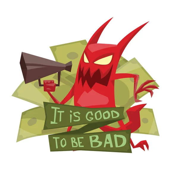 Emblema, diabo vermelho engraçado com um megafone —  Vetores de Stock