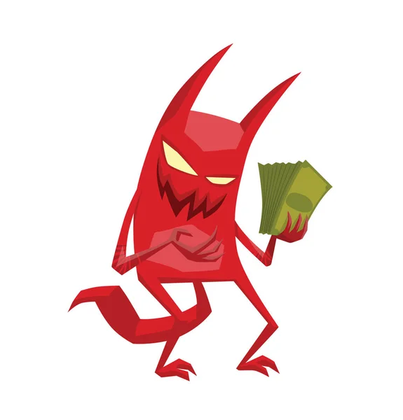 Diabo vermelho engraçado com dinheiro verde —  Vetores de Stock