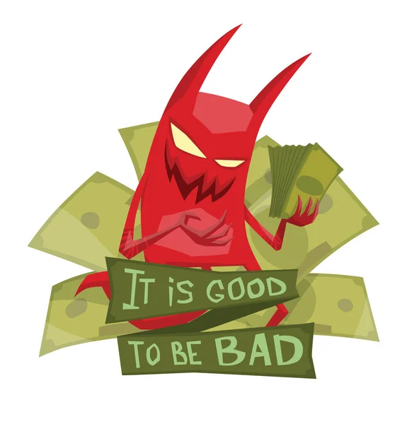 Embleem, grappige rode duivel met groen geld — Stockvector