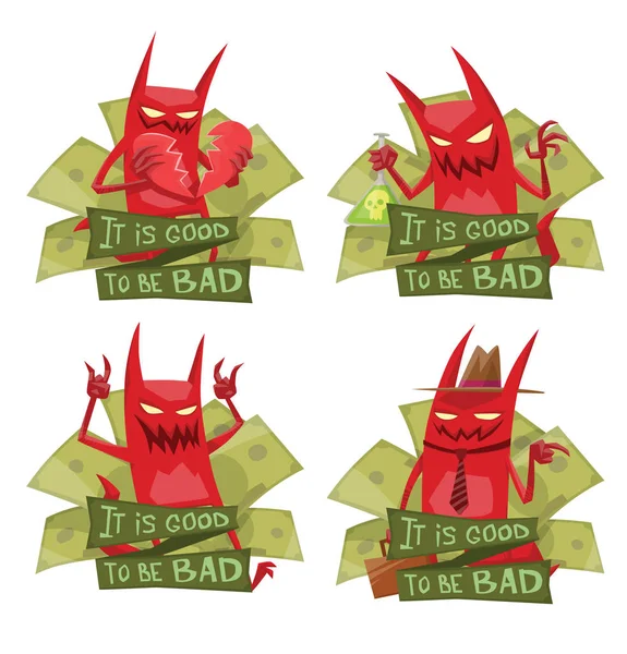 Set di emblemi con quattro divertenti diavoli rossi — Vettoriale Stock