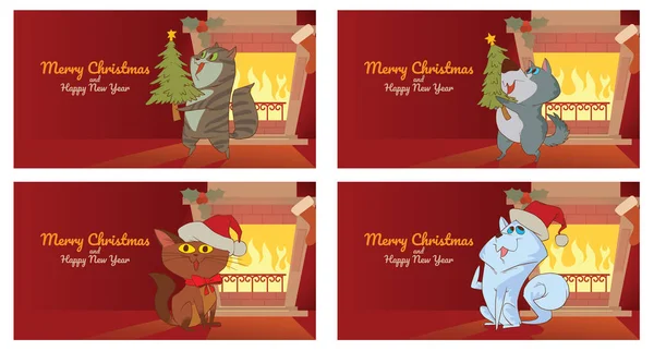 Conjunto de tarjetas de Navidad, lindo cuatro gatos y perros — Archivo Imágenes Vectoriales