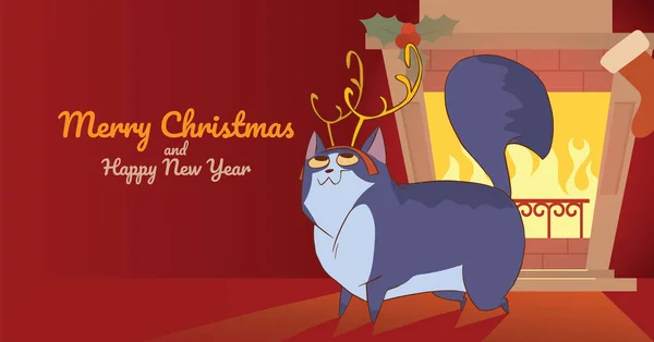 Noel kartı, geyik boynuzları ile şirin kedi Telifsiz Stok Vektörler