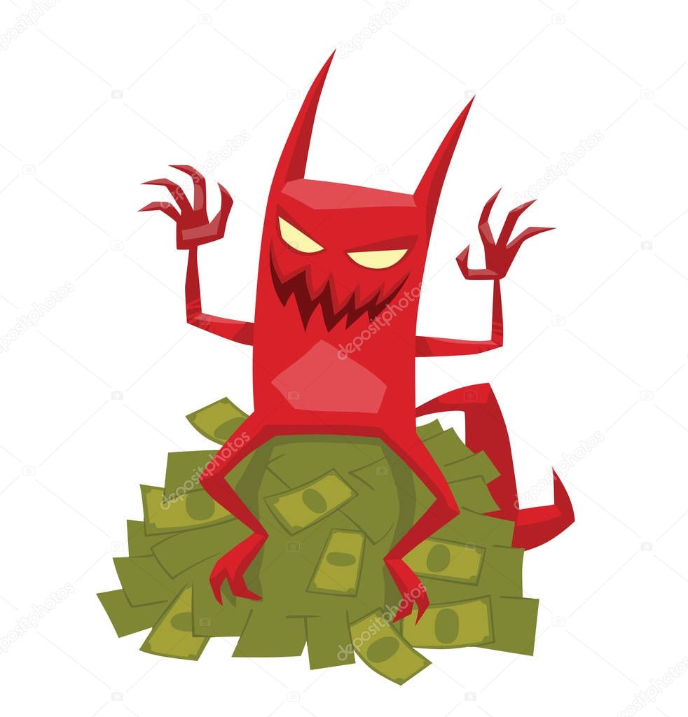 Funny red devil with a pile of money