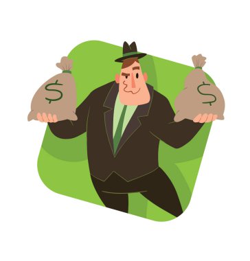 Square frame, funny fat capitalist with bags of money clipart