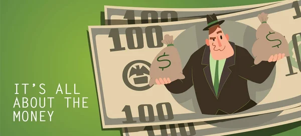 Para kart, komik şişman kapitalist Çantalar dolusu para ile