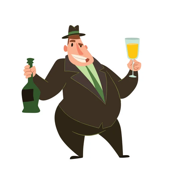 Funny fat capitalist with champagne — Stock Vector