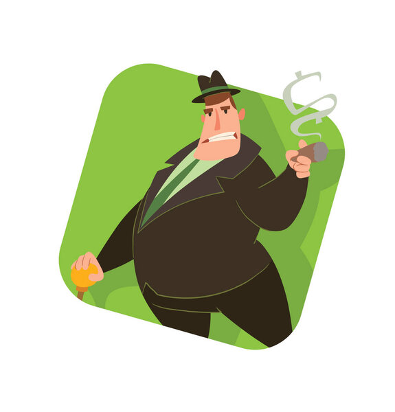 Square frame, funny fat capitalist with a cane