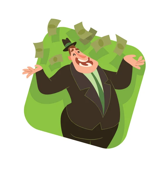 Square frame, funny fat capitalist throwing money — Stock Vector